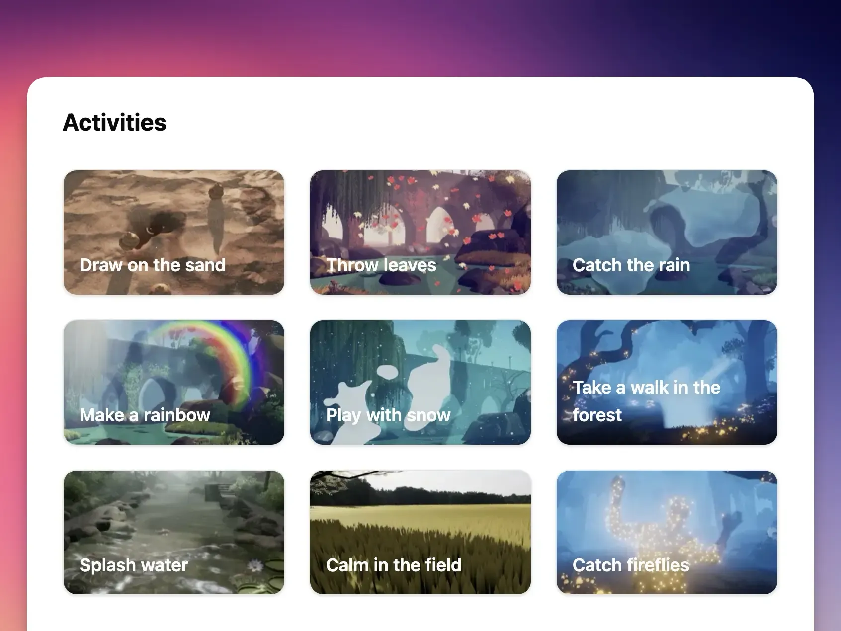 Ouva activities page showing various interactive experiences