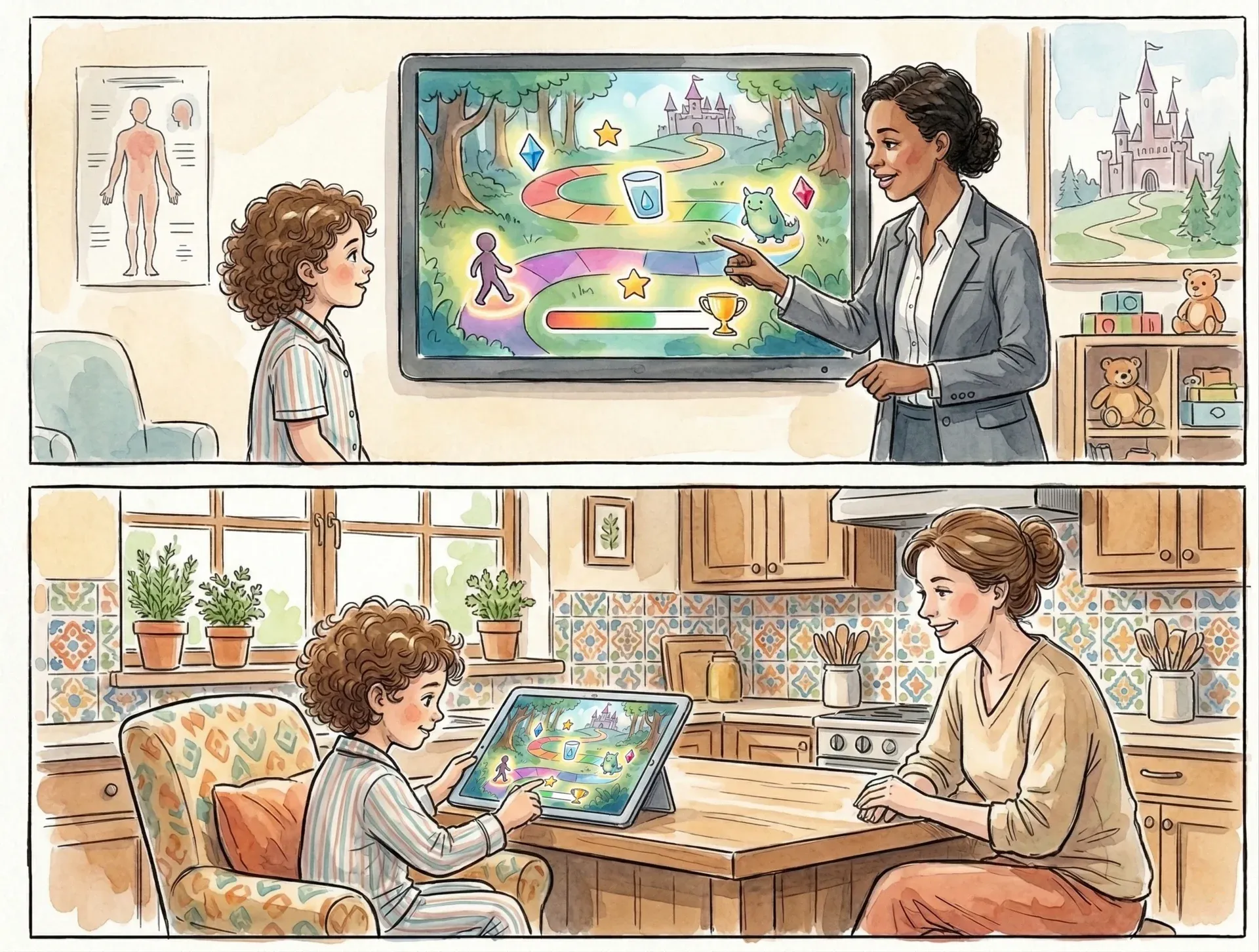 Illustration of autism therapy support continuing at home with family involvement