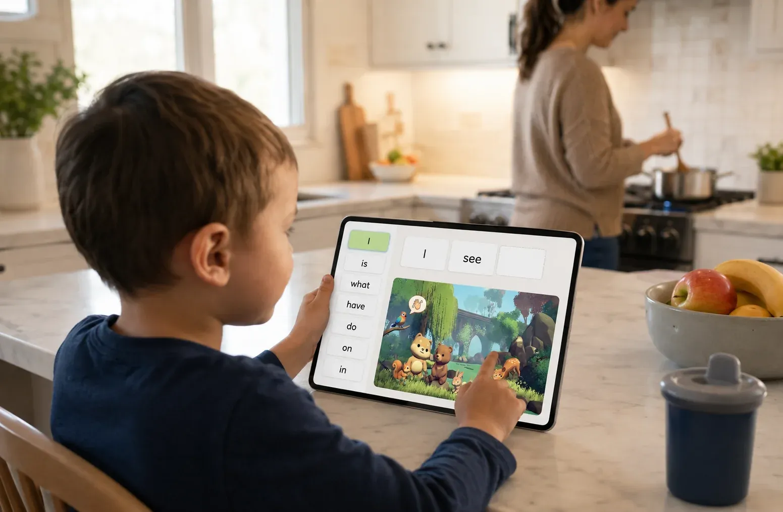 An autistic child at a kitchen table selecting words to speak on an iPad AAC app