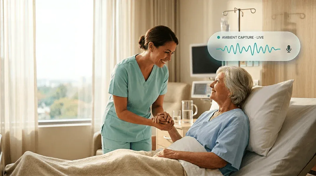 A nurse holding an older patient's hand at the bedside with an ambient voice-capture waveform overlay representing CipherHealth's ambient listening