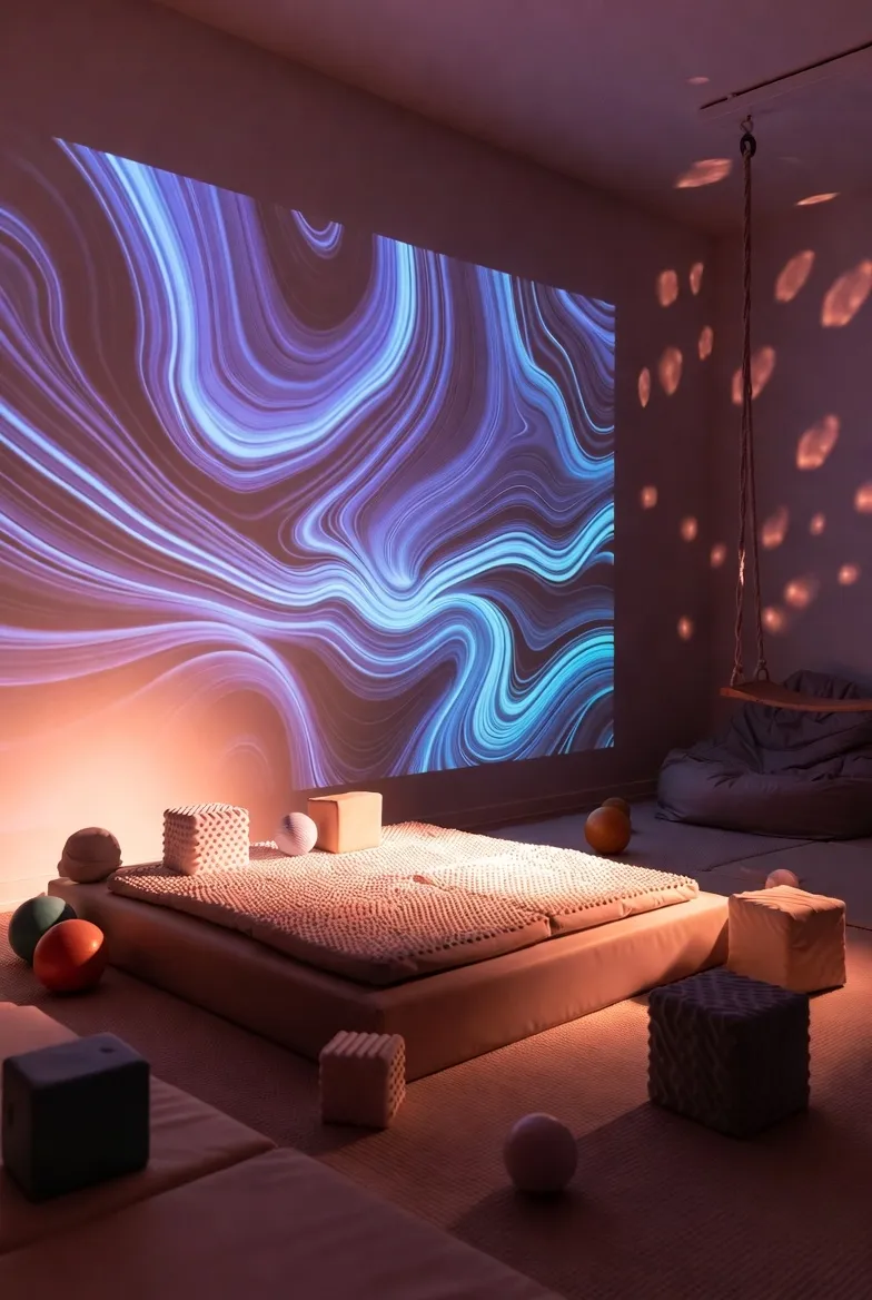Calming sensory room with dim lighting and a glowing bubble tube supporting emotional regulation