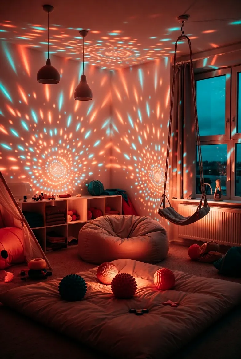 Interactive sensory room with rhythmic lighting and a projection wall for stimulation and engagement