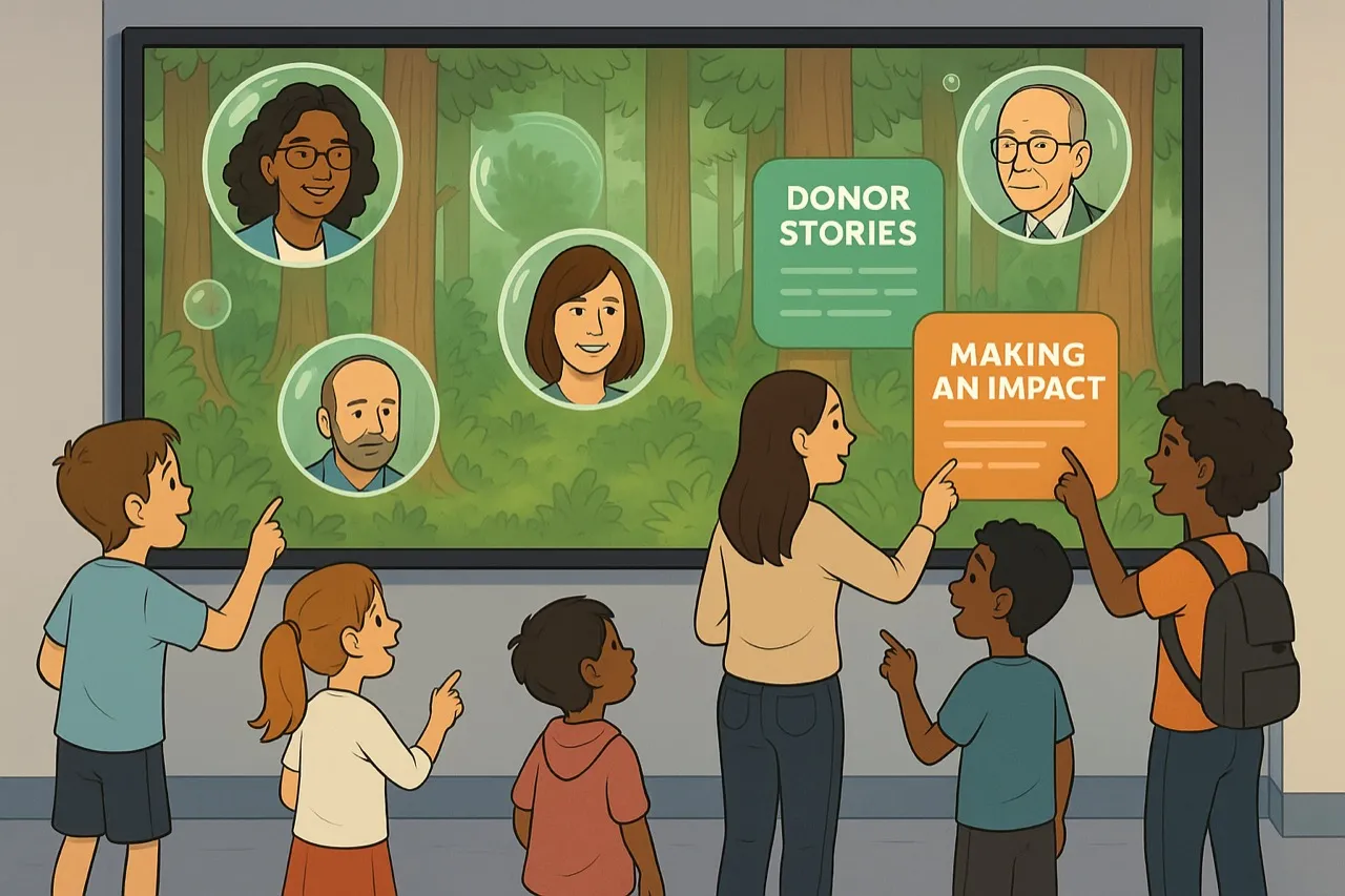 Visitors engaging with a digital donor recognition wall showing giving tiers and donor stories