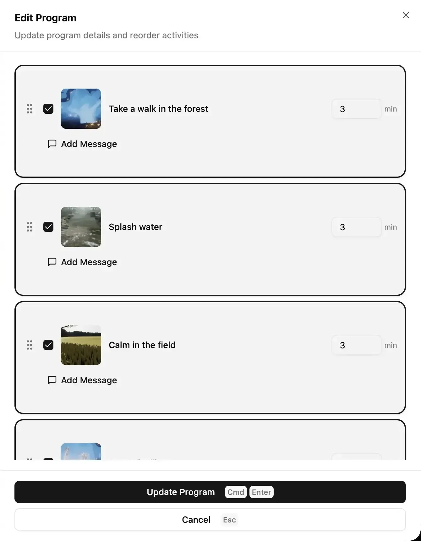 Edit program interface showing activity list with drag-and-drop reordering