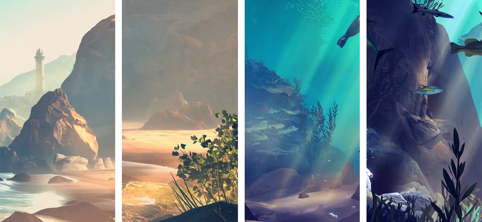 Four panels showing different elements of stylized California coast