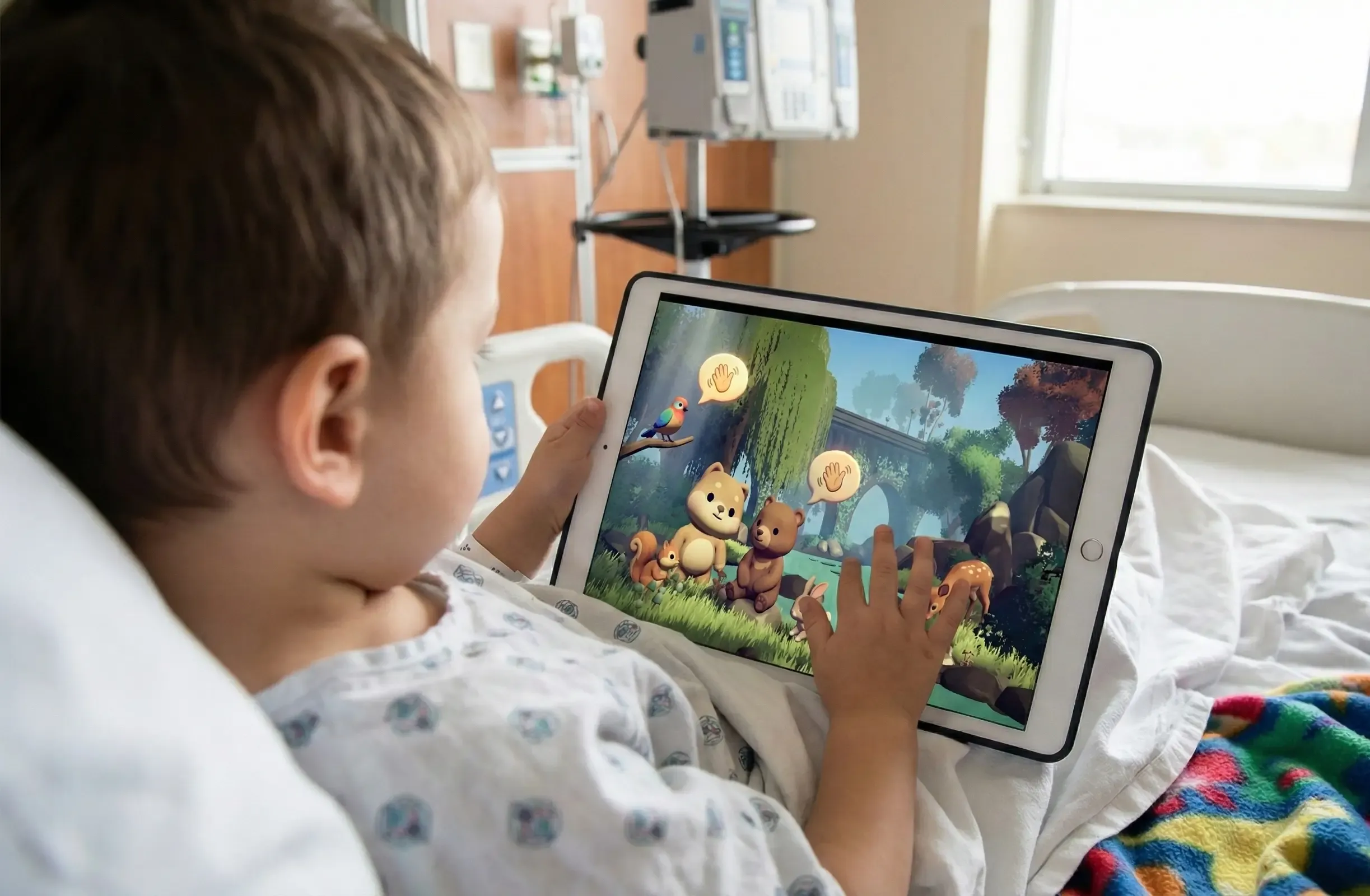Child holding iPad with social connection feature