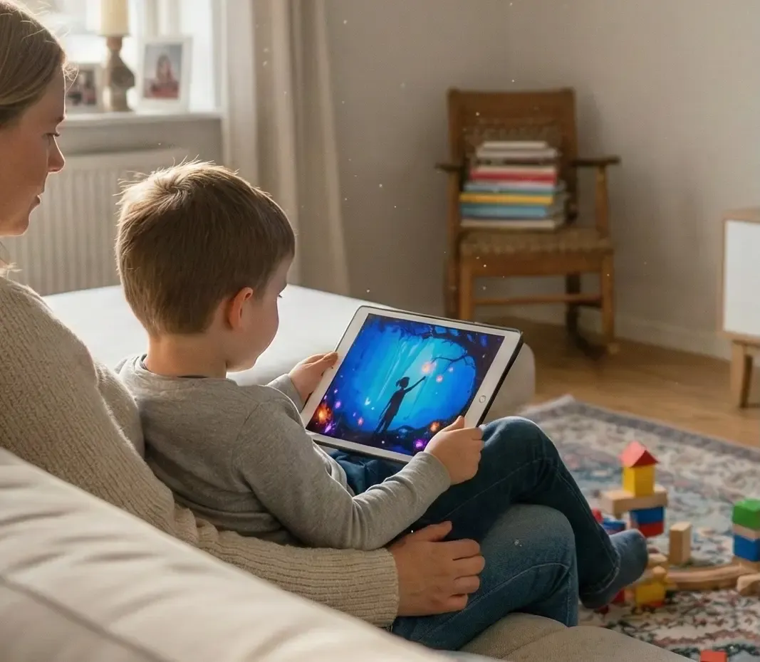 Child holding iPad with calm night scene displayed at home