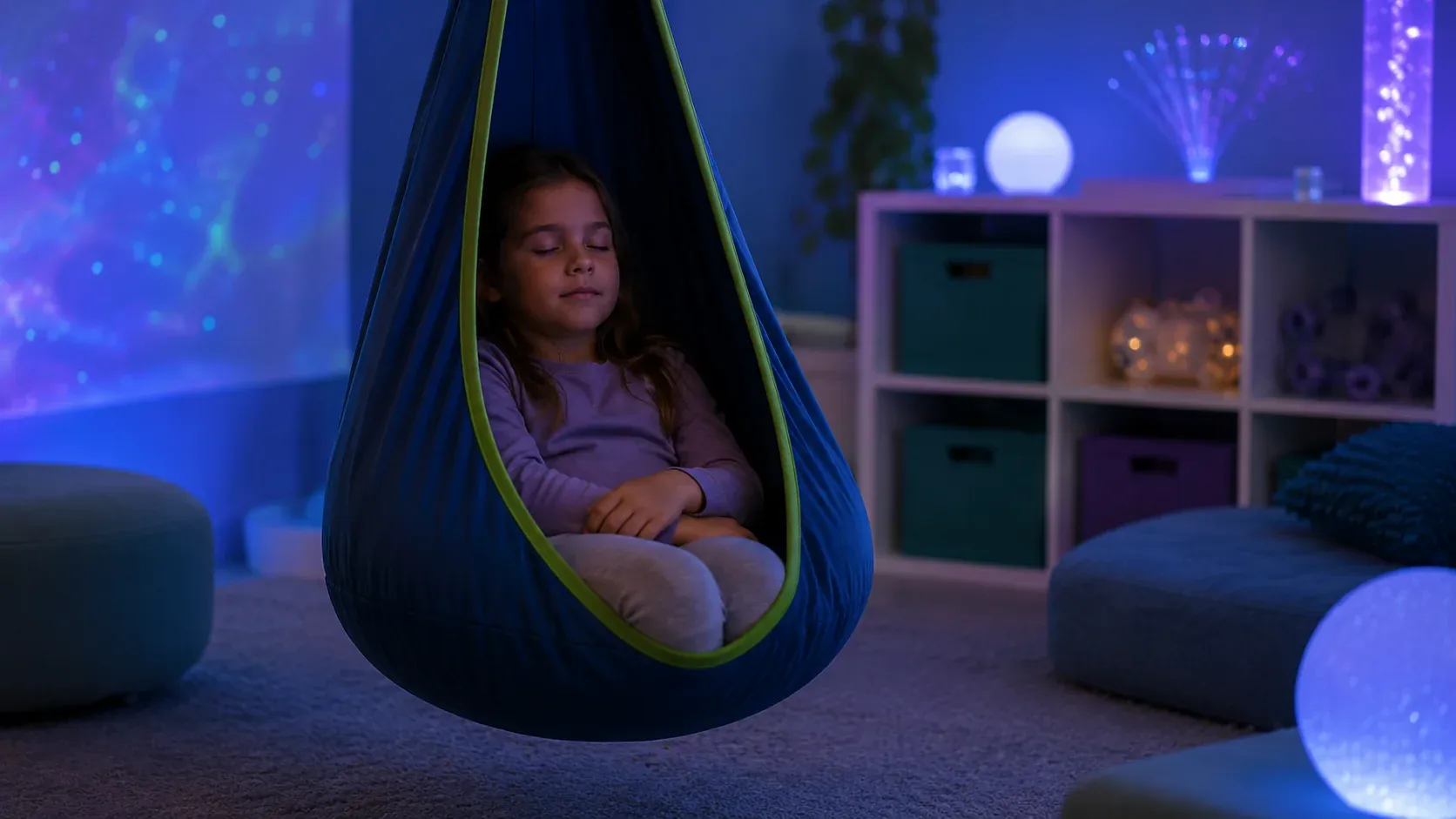 A child relaxes curled inside a cocoon-style sensory swing, using gentle linear rocking for calming vestibular input