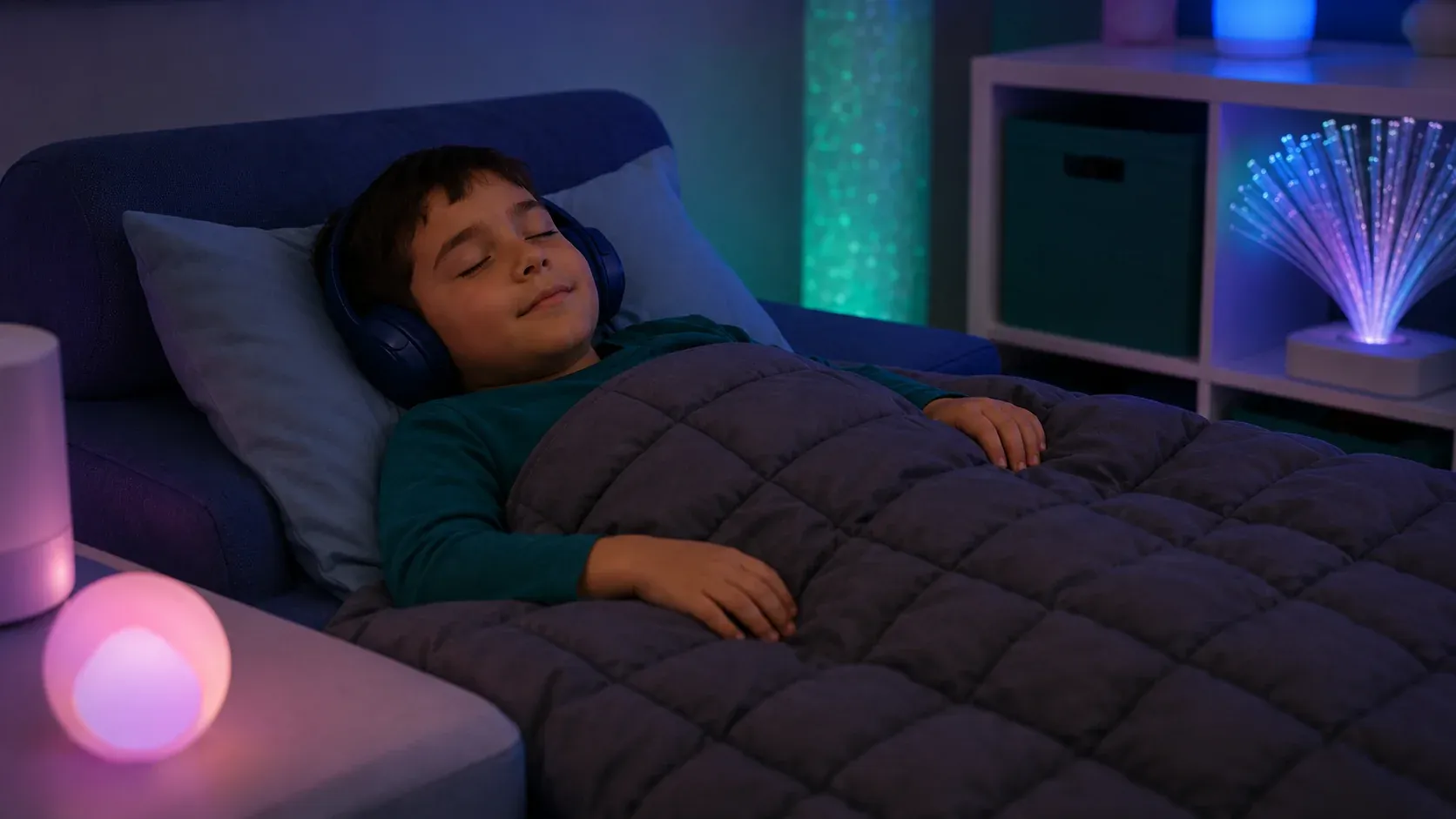 A child rests calmly under a weighted blanket while wearing noise-reducing headphones, pairing deep-pressure input with sound reduction to settle their nervous system