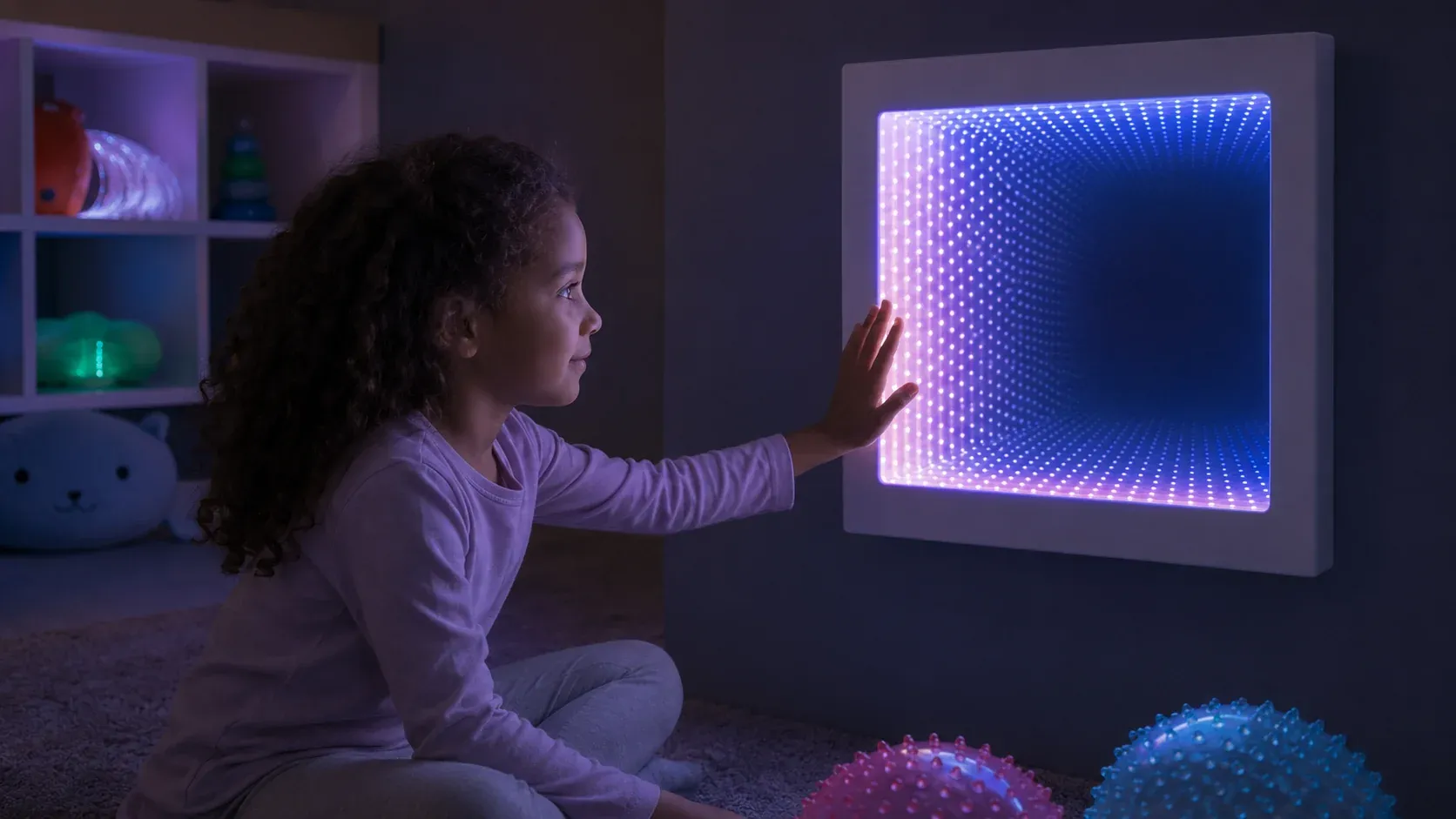 A child presses a hand against an illuminated LED infinity-tunnel wall panel in a sensory room, the mirrored depths creating a receding corridor of colored light