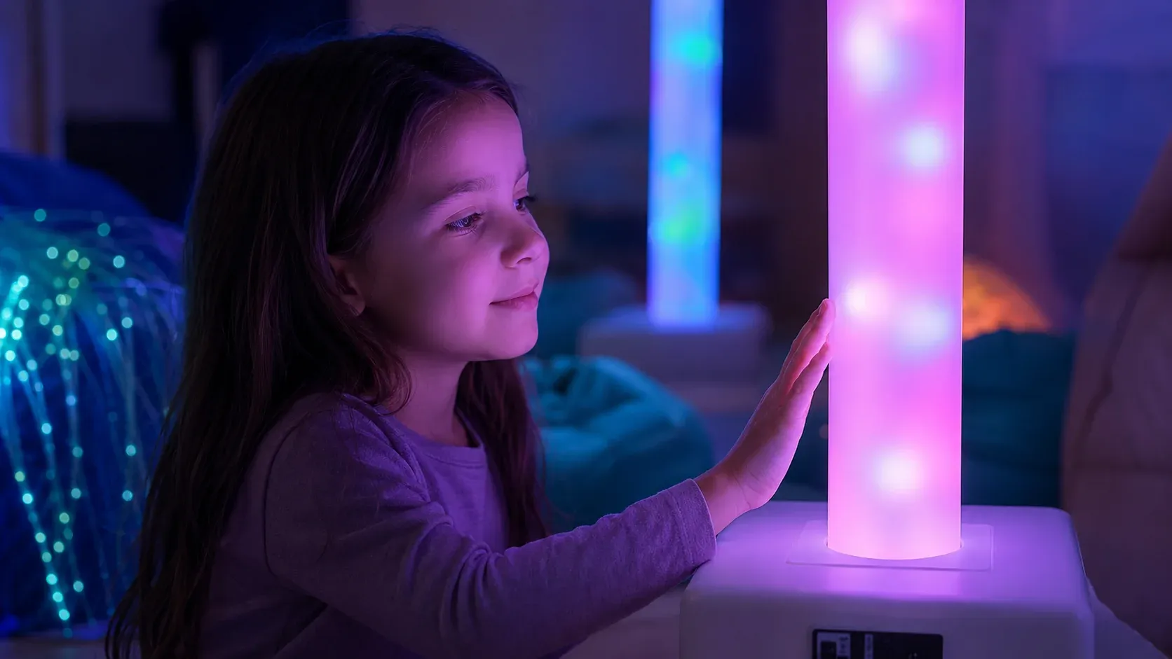 A young child reaches out to touch a glowing waterless LED sensory bubble tube in a dim sensory room, the illuminated column shifting color under their hand