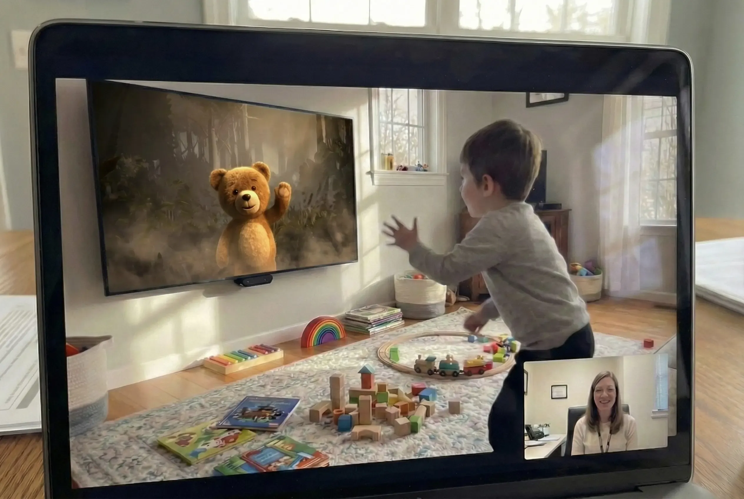 Child waving to bear companion on screen while therapist watches via telehealth