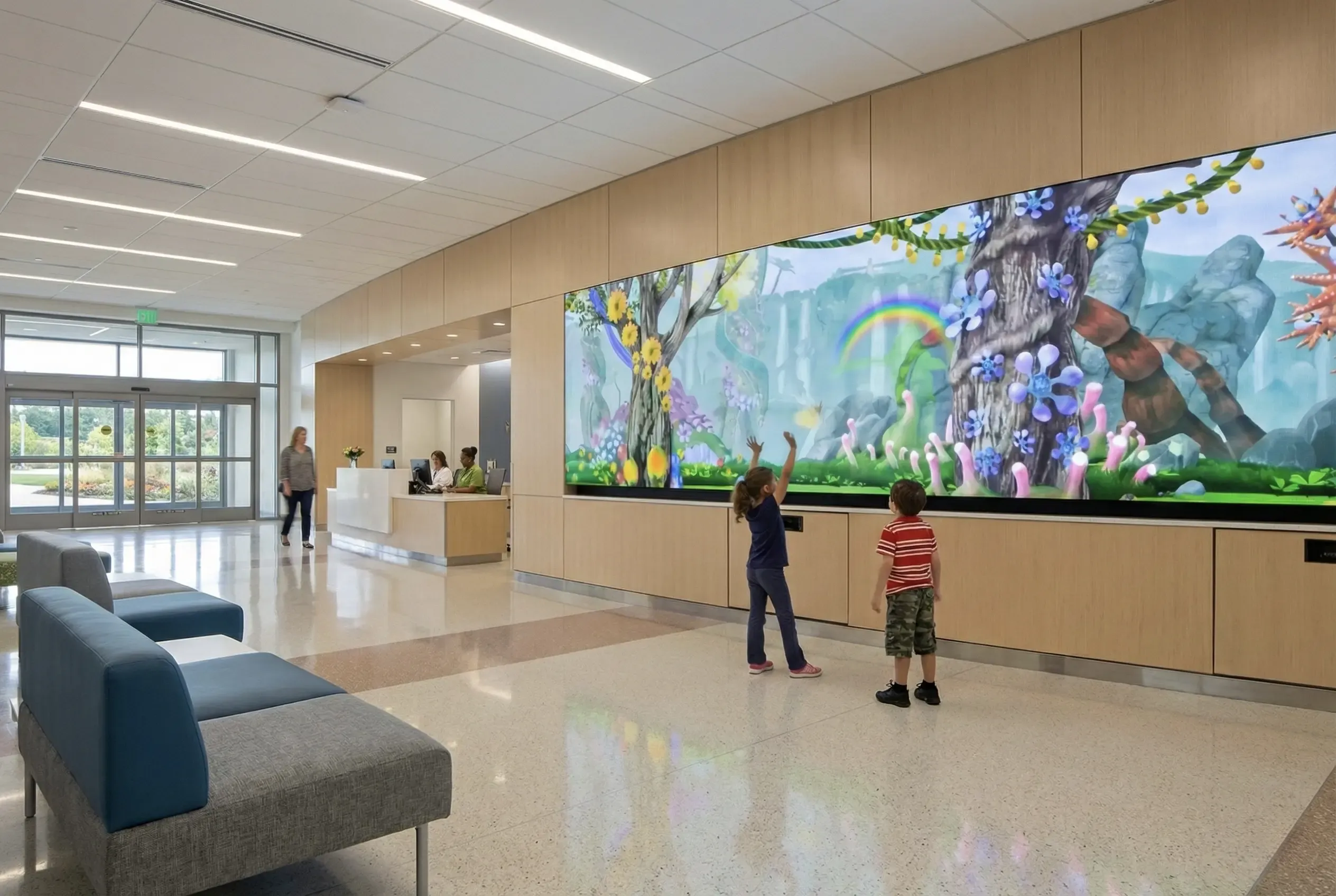 Interactive living-garden scene on a hospital lobby LED wall as children create a rainbow together