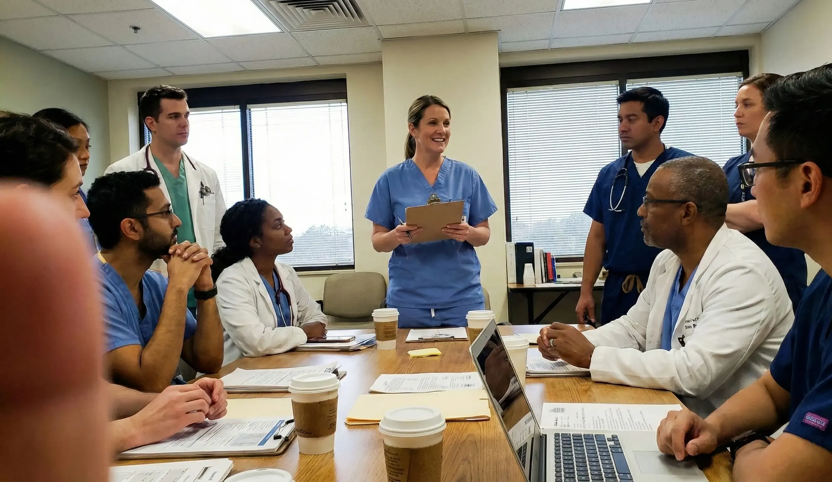 Nursing staff in huddle meeting
