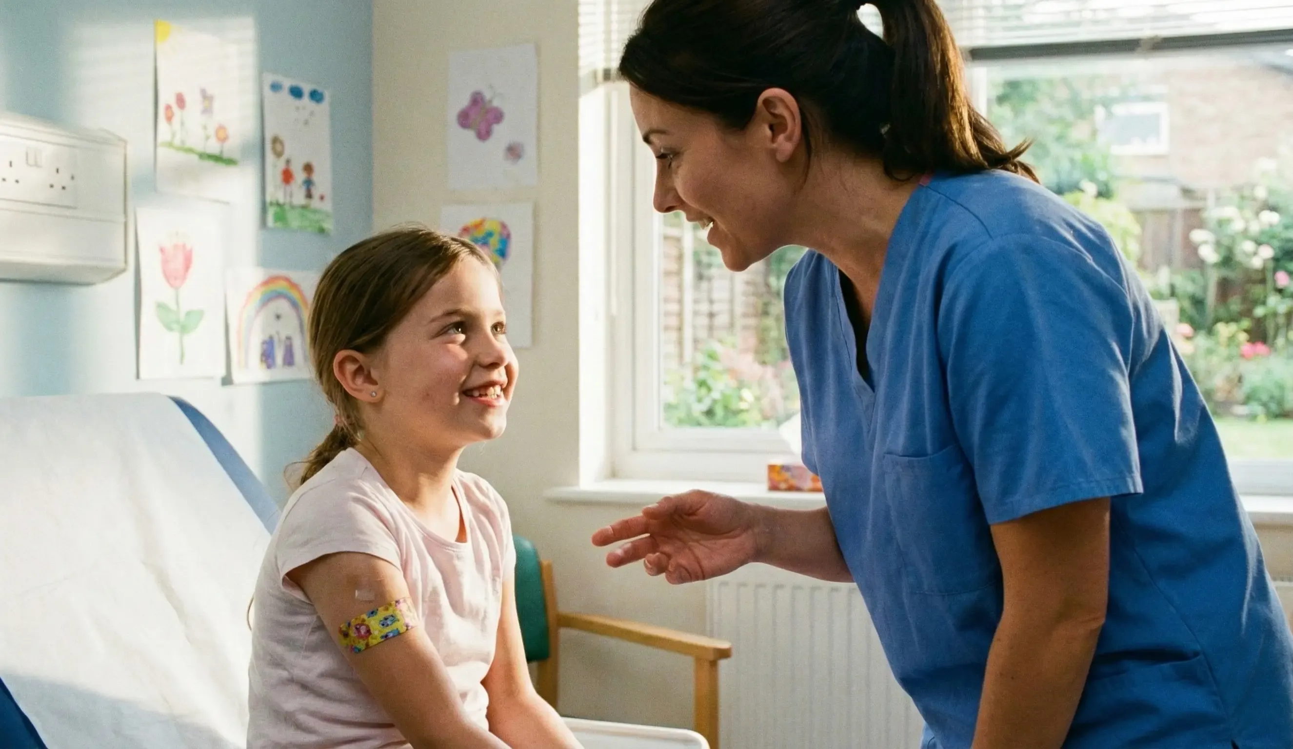 Nurse talking to smiling child
