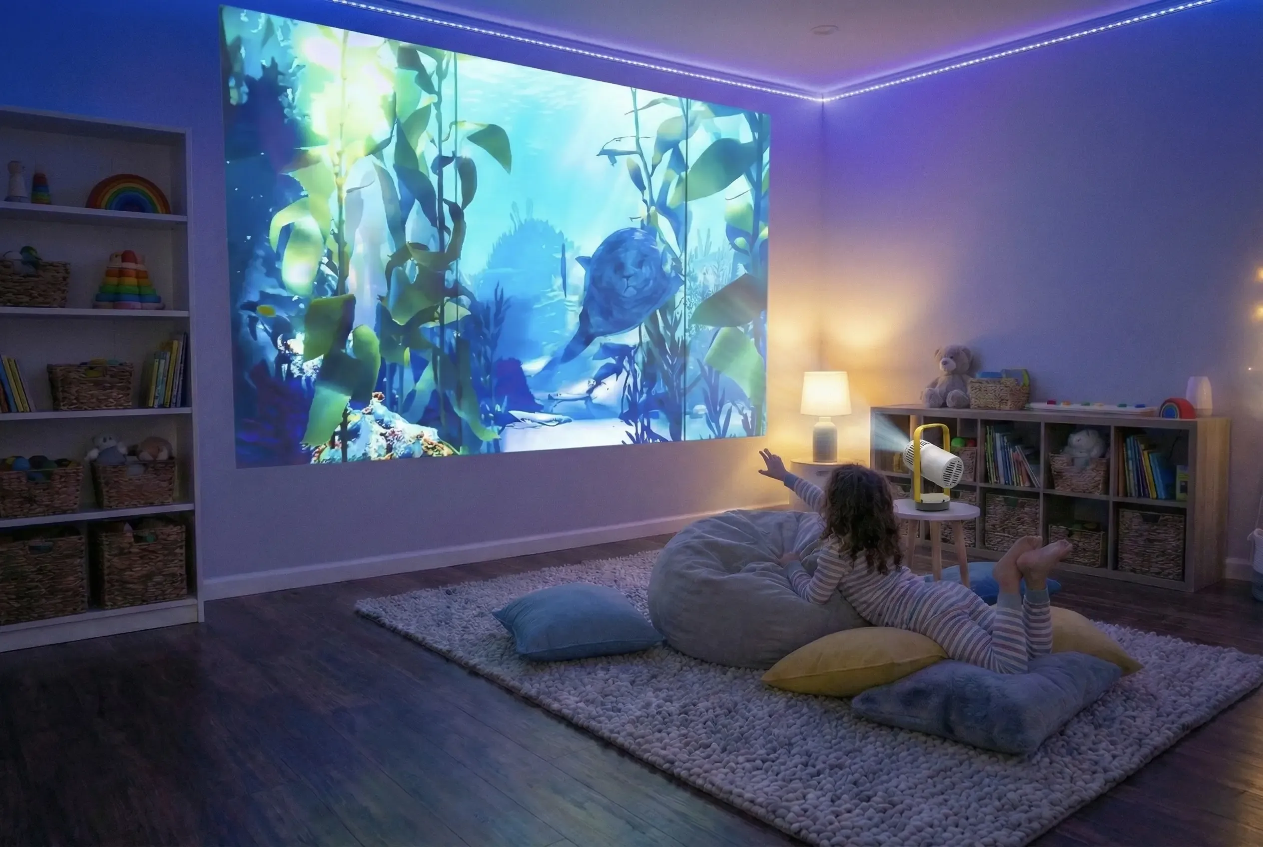 Child watching underwater scene with seal and kelps projected on wall by XGIMI projector