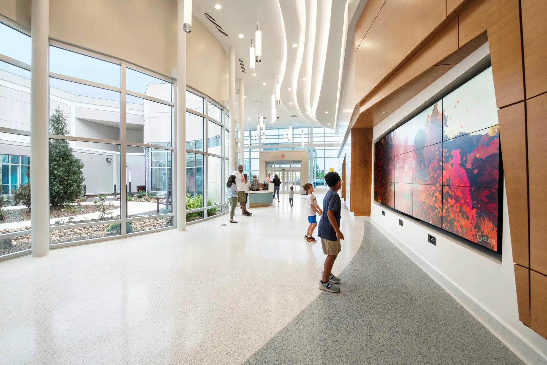 Main lobby of Piedmont Children's Hospital with the 17ft Ouva interactive video wall