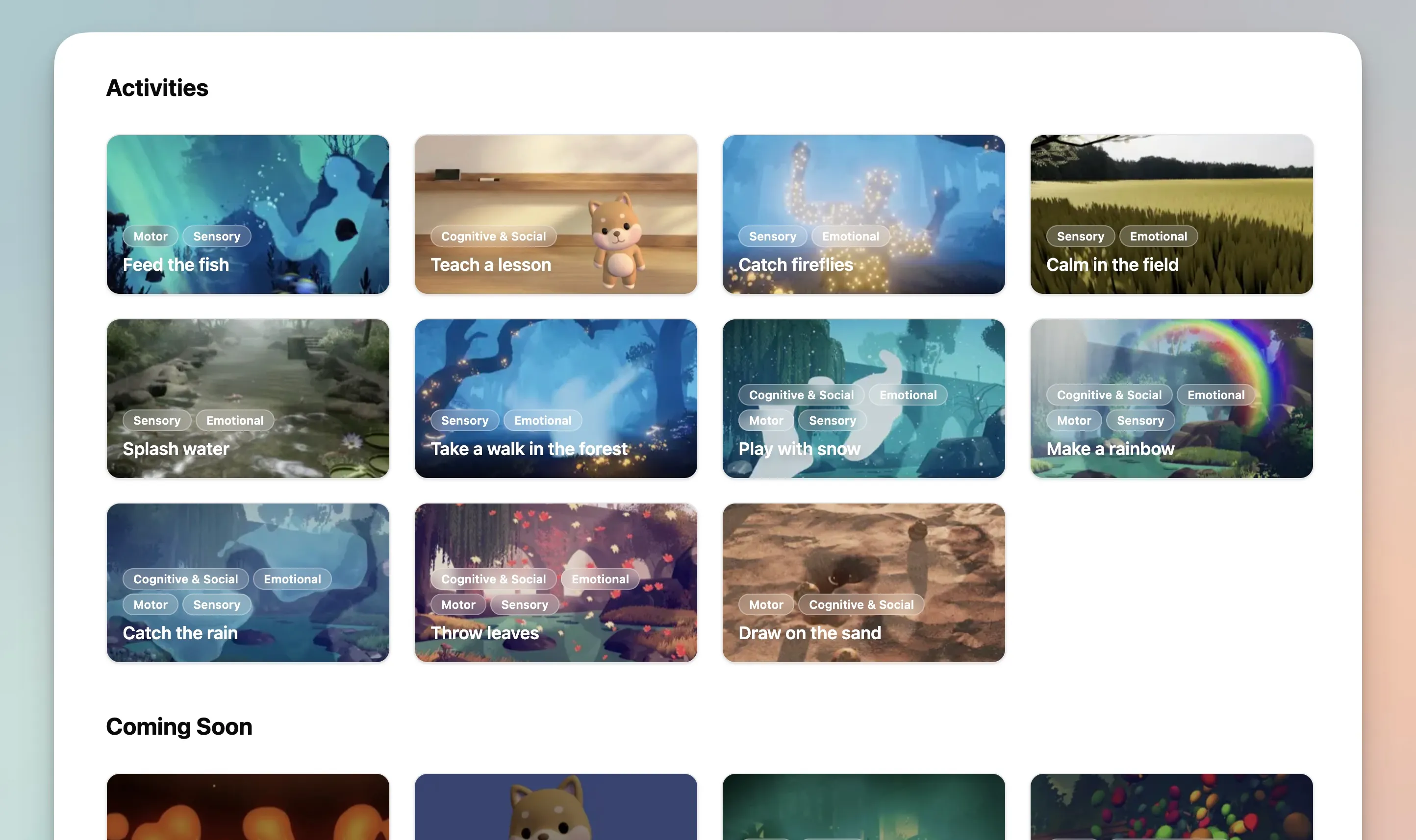 Activities library showing therapy modules like Feed the fish, Teach a lesson, and more