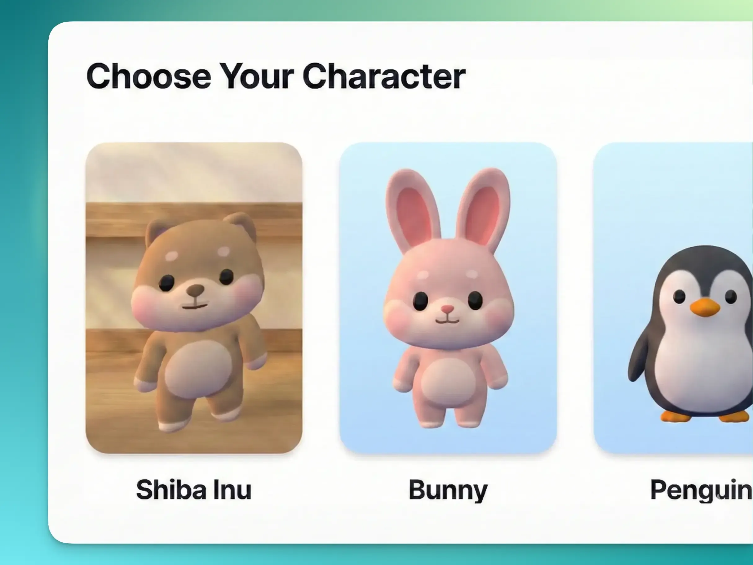 Character selection screen showing Shiba Inu, Bunny, and Penguin companions