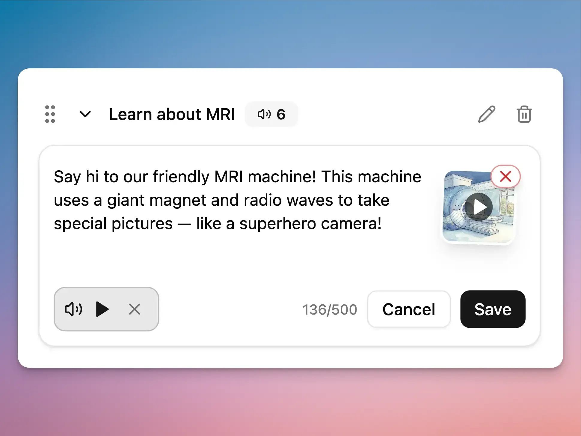 Message editor dialog for MRI education content