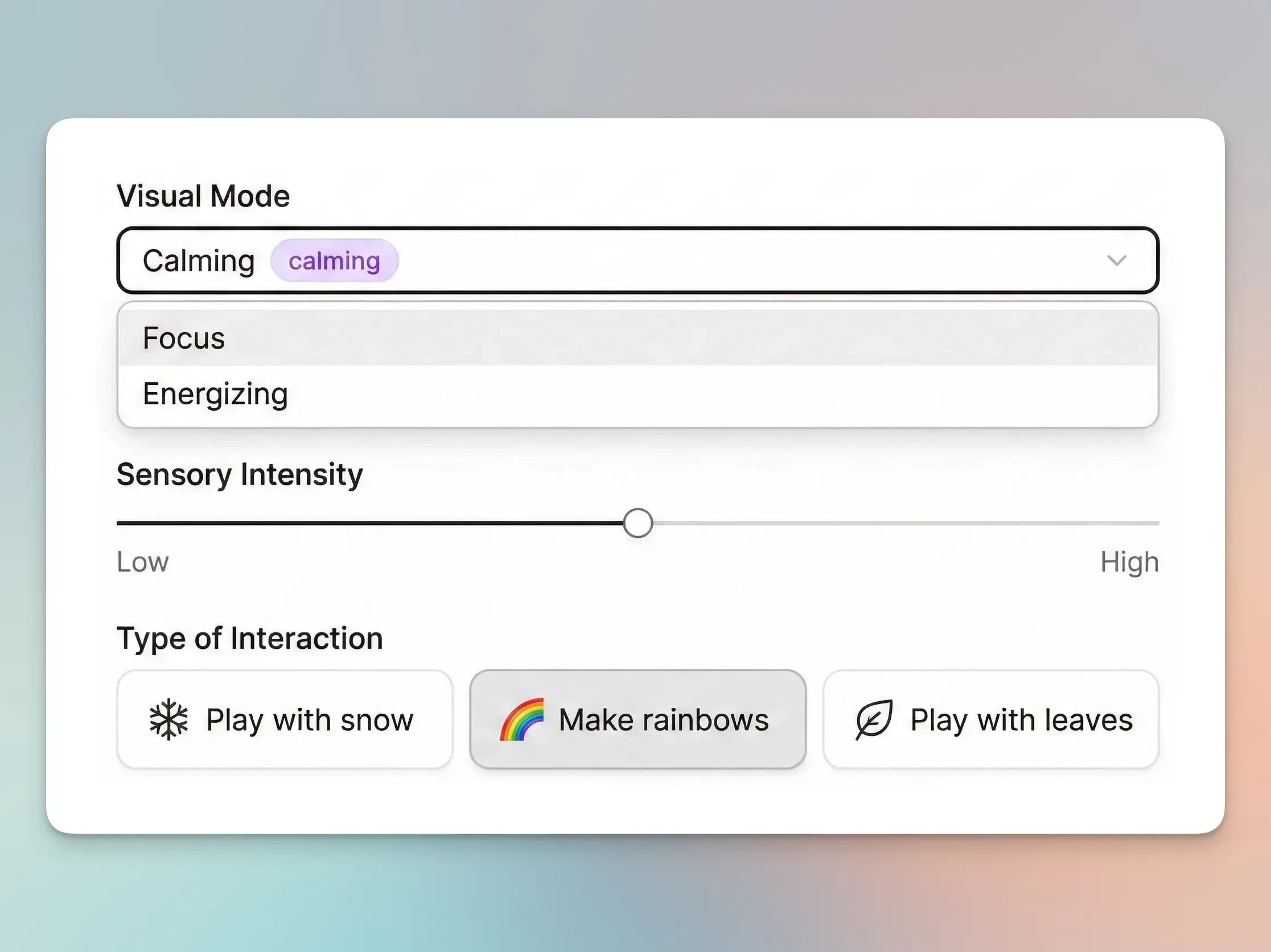 Scene settings showing visual mode, sensory intensity, and interaction options