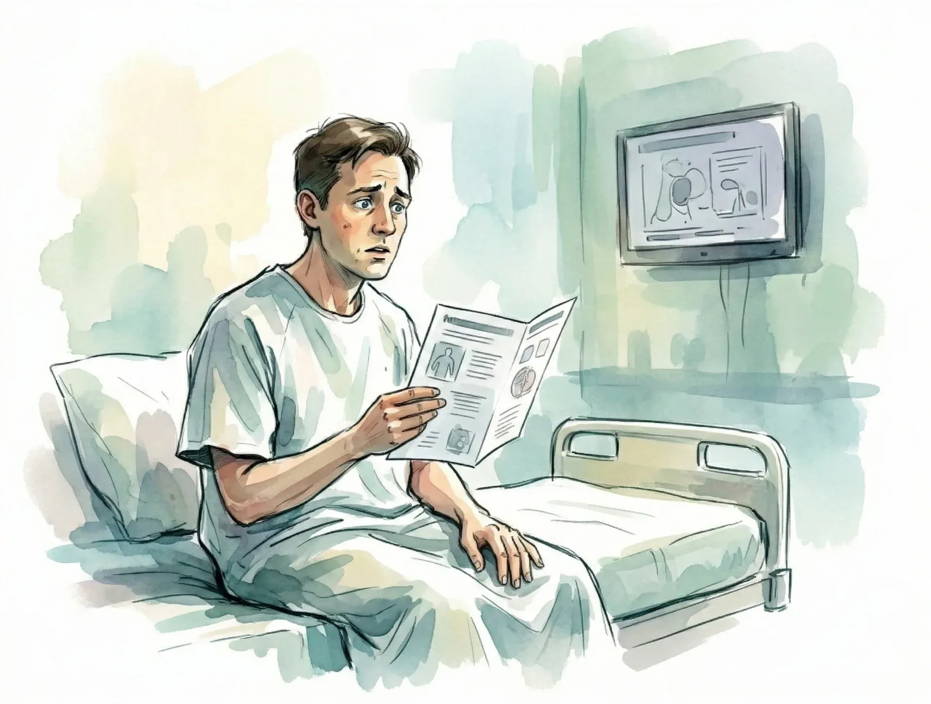 Patient in a hospital bed reading paper discharge notes