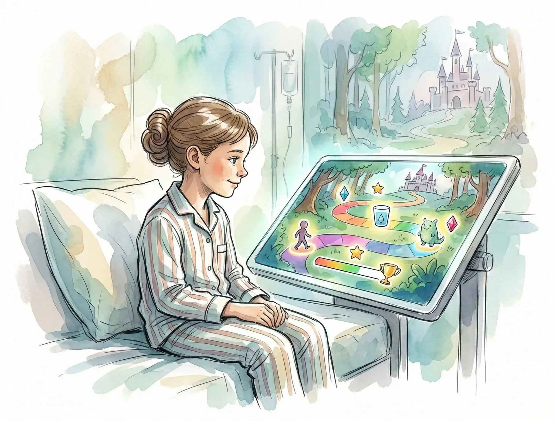 Young patient using interactive education screen at hospital bedside showing engaging patient journey information