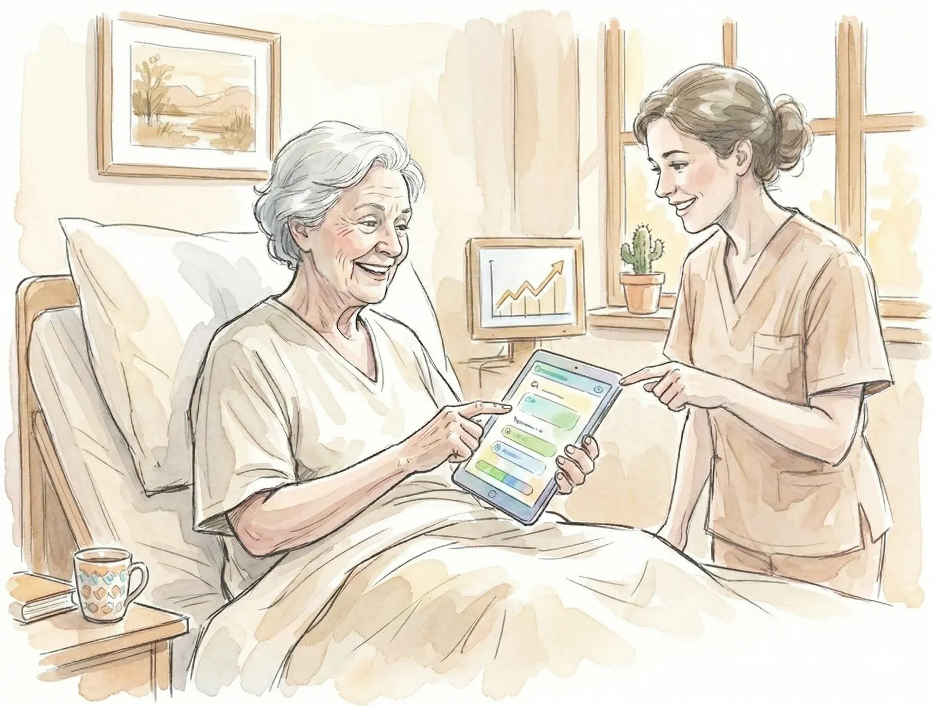 Nurse attending to a patient in a hospital bed while the patient uses an interactive tablet for care instructions