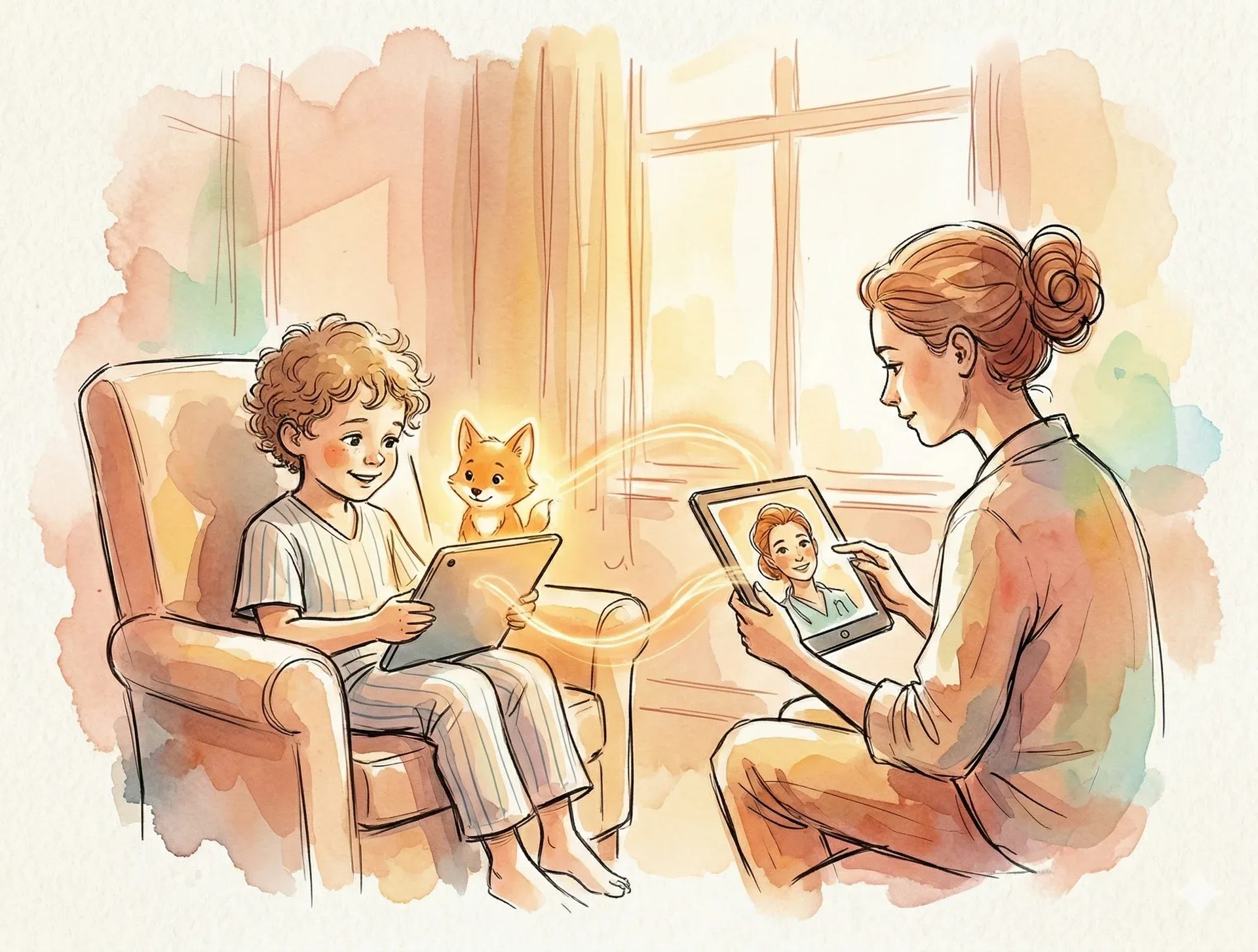 A child and parent at home speaking with a doctor over a tablet during a telehealth visit