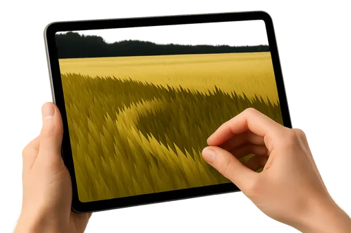 Hand dragging finger across an iPad screen showing grass field, leaving a trail of bent grass